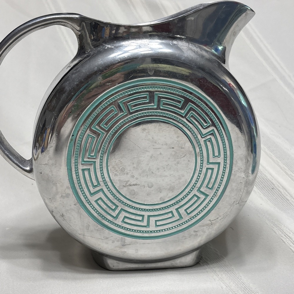 VTG Wilton & Co Armetale Pitcher Greek Key Turquoise Pewter Flat‎  2 Qt Engraved